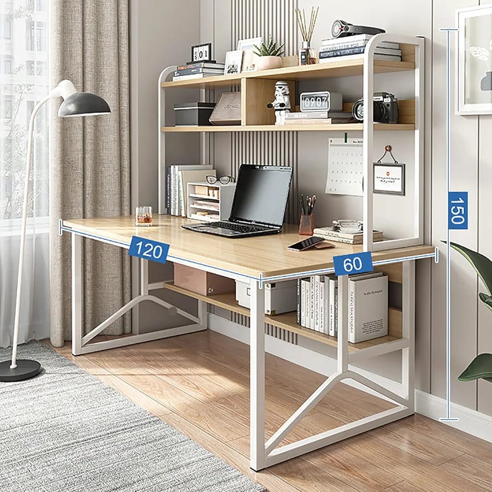 A Computer Desk is Organized with Books, Laptop and Other Decor Items.