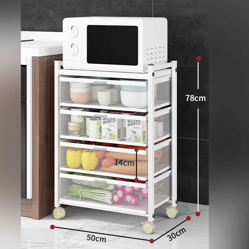 Size Of Multi-Layer Drawer Kitchen Trolley Rack Organized With Fruits and Vegetables.