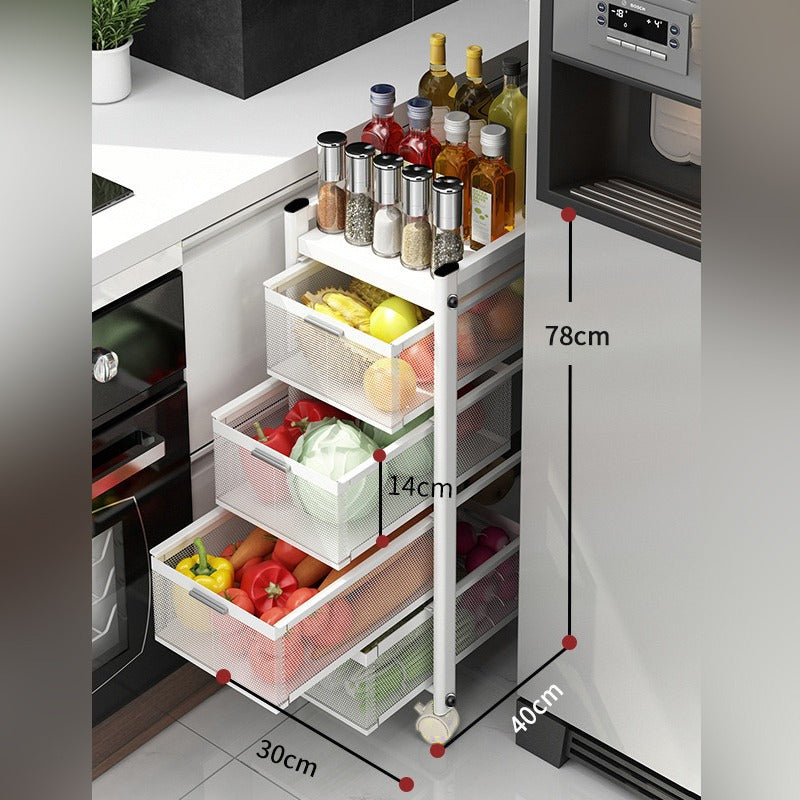 Size Of Multi-Layer Drawer Kitchen Trolley Rack Organized With Fruits and Vegetables.