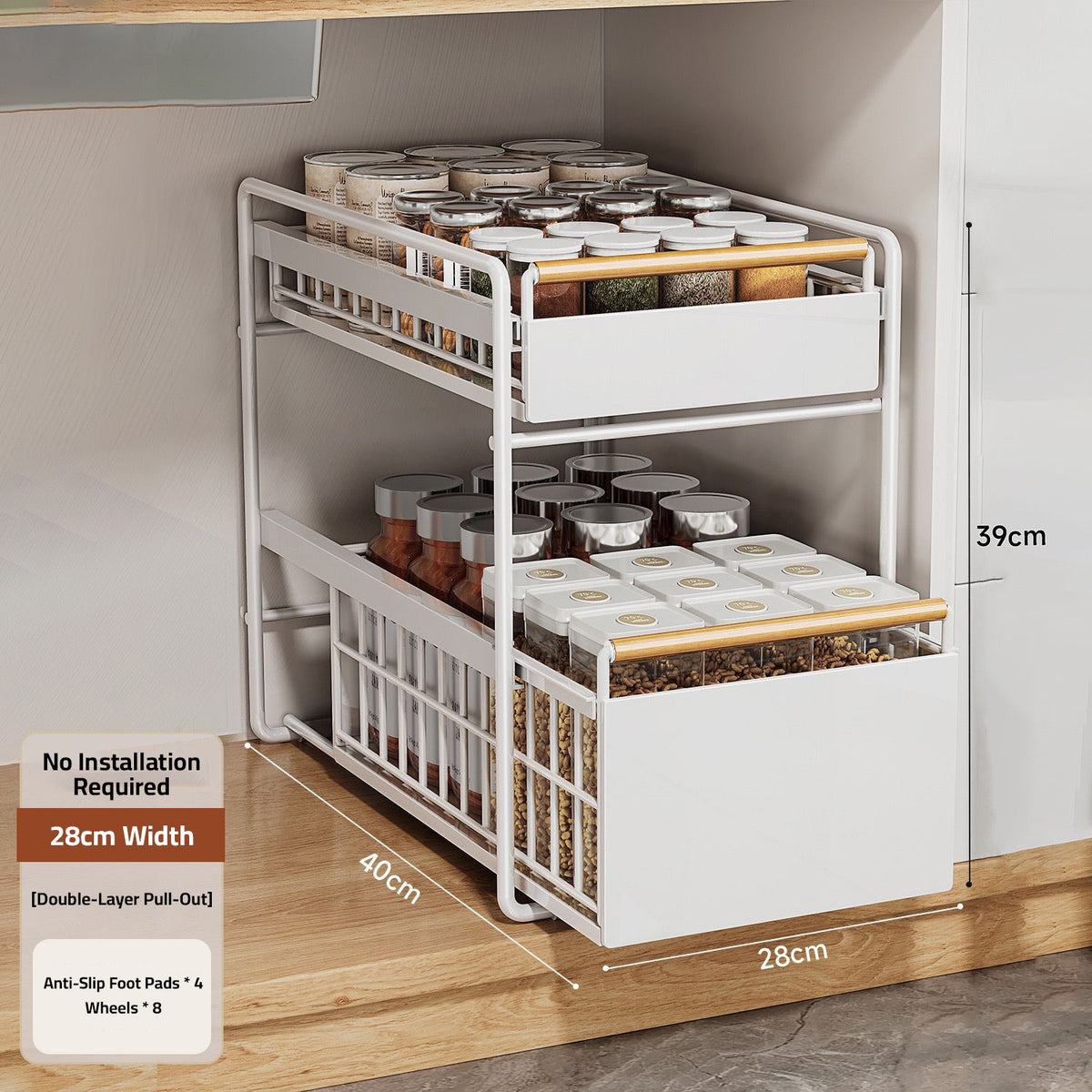 Size Of Under Sink Storage Rack Organized with Kitchen Essentials.
