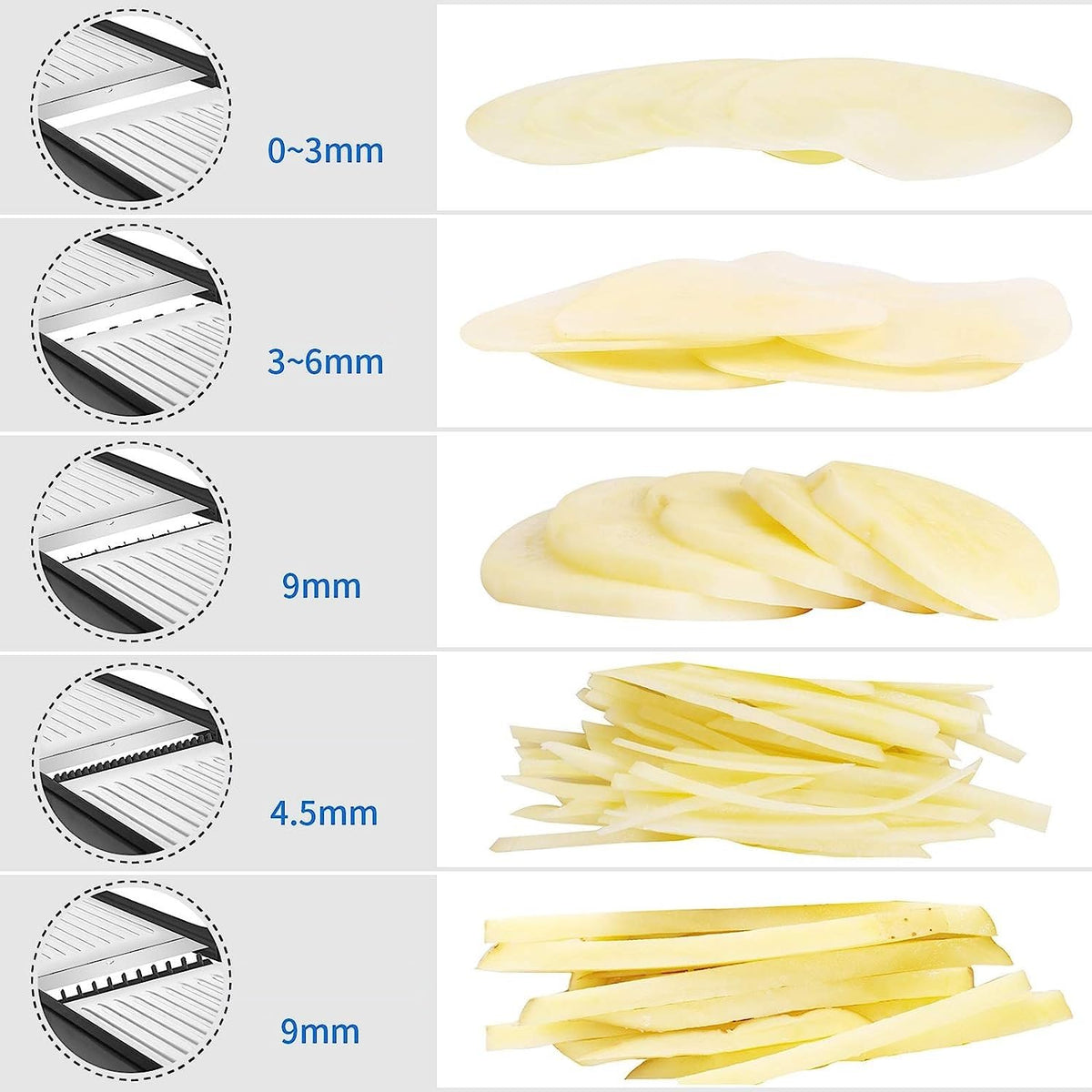 Different Slicing Adjustment of 3-in-1 Adjustable Mandoline Slicer.