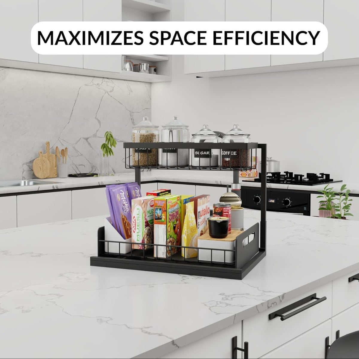 Kitchen counter with a black Sliding Storage Rack maximizing space efficiency.