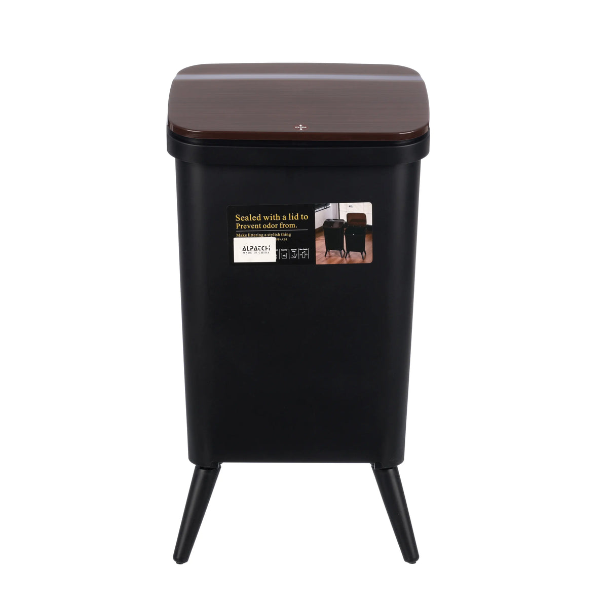 Slim Push Lid Trash Bin with a brown lid on a white background