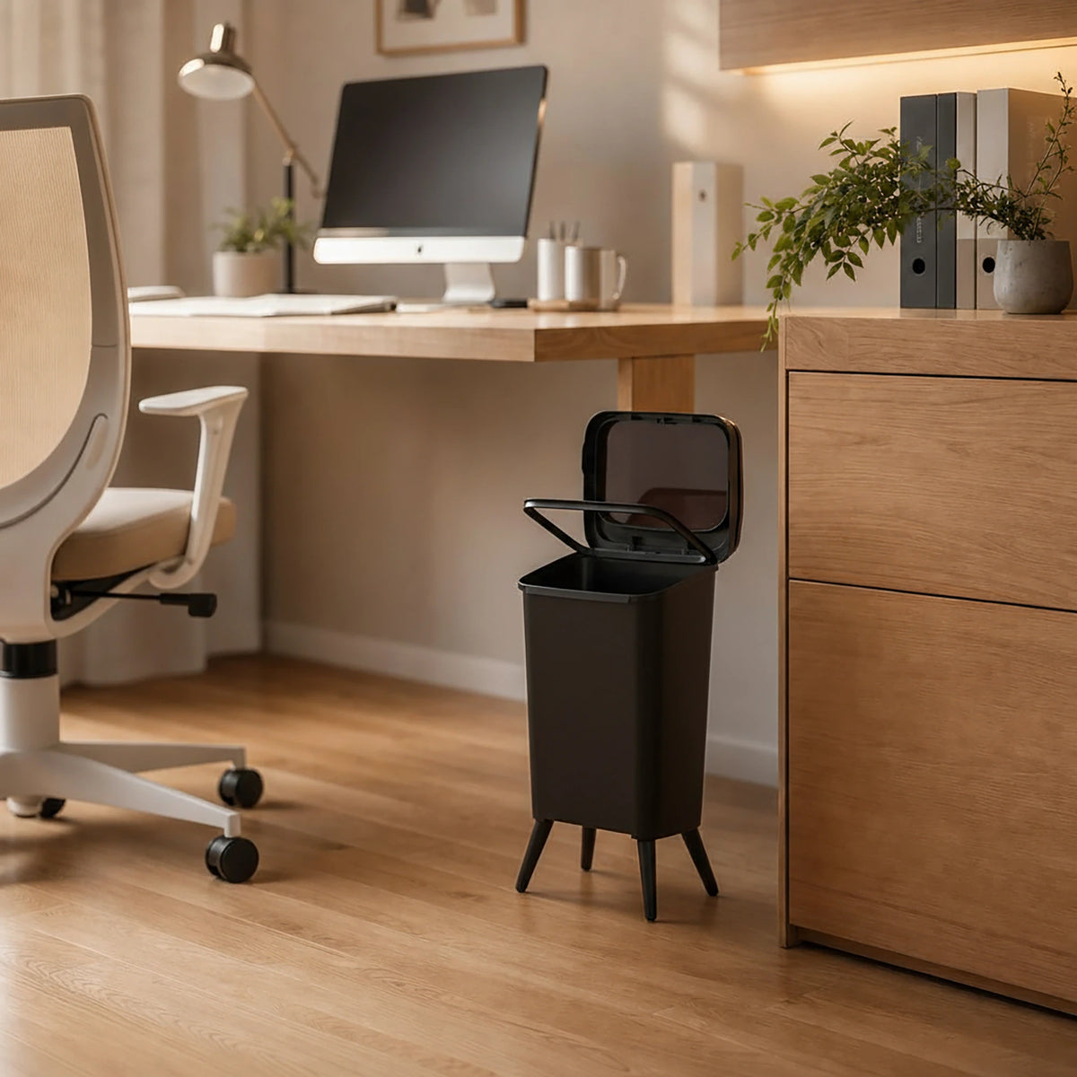 Slim Push Lid Trash Bin in an office setting with a desk and chair.