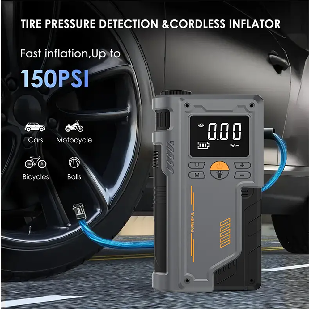 A Smart Air Pump Machine & Car Jump Starter is Connected to Car Tire.
