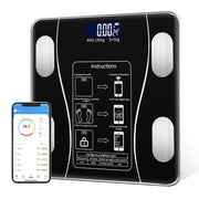 Smart Bluetooth Body Weight Scale with smartphone app display on a white background