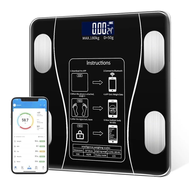Smart Bluetooth Body Weight Scale with smartphone app display on a white background