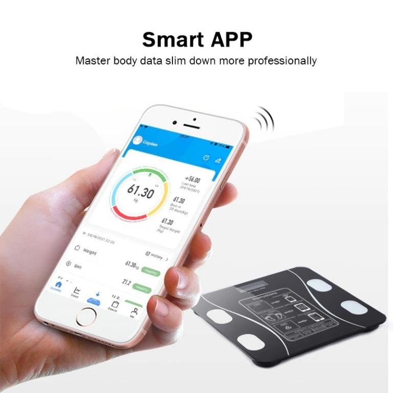 Smart app displayed on a phone held by a hand, with a Smart Bluetooth Body Weight Scale in the background.