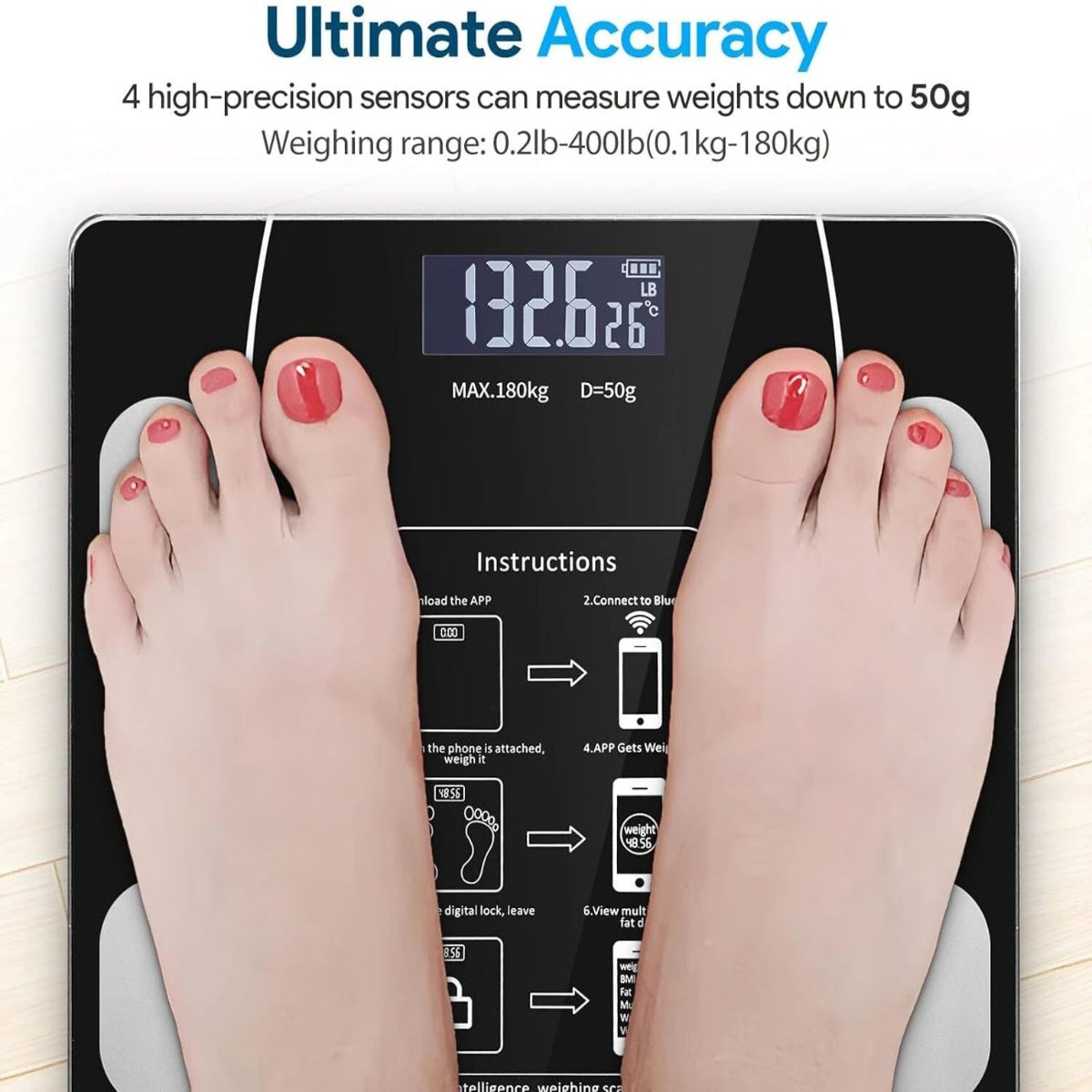 Smart Bluetooth Body Weight Scale with feet on it, displaying weight, on a light wooden floor.