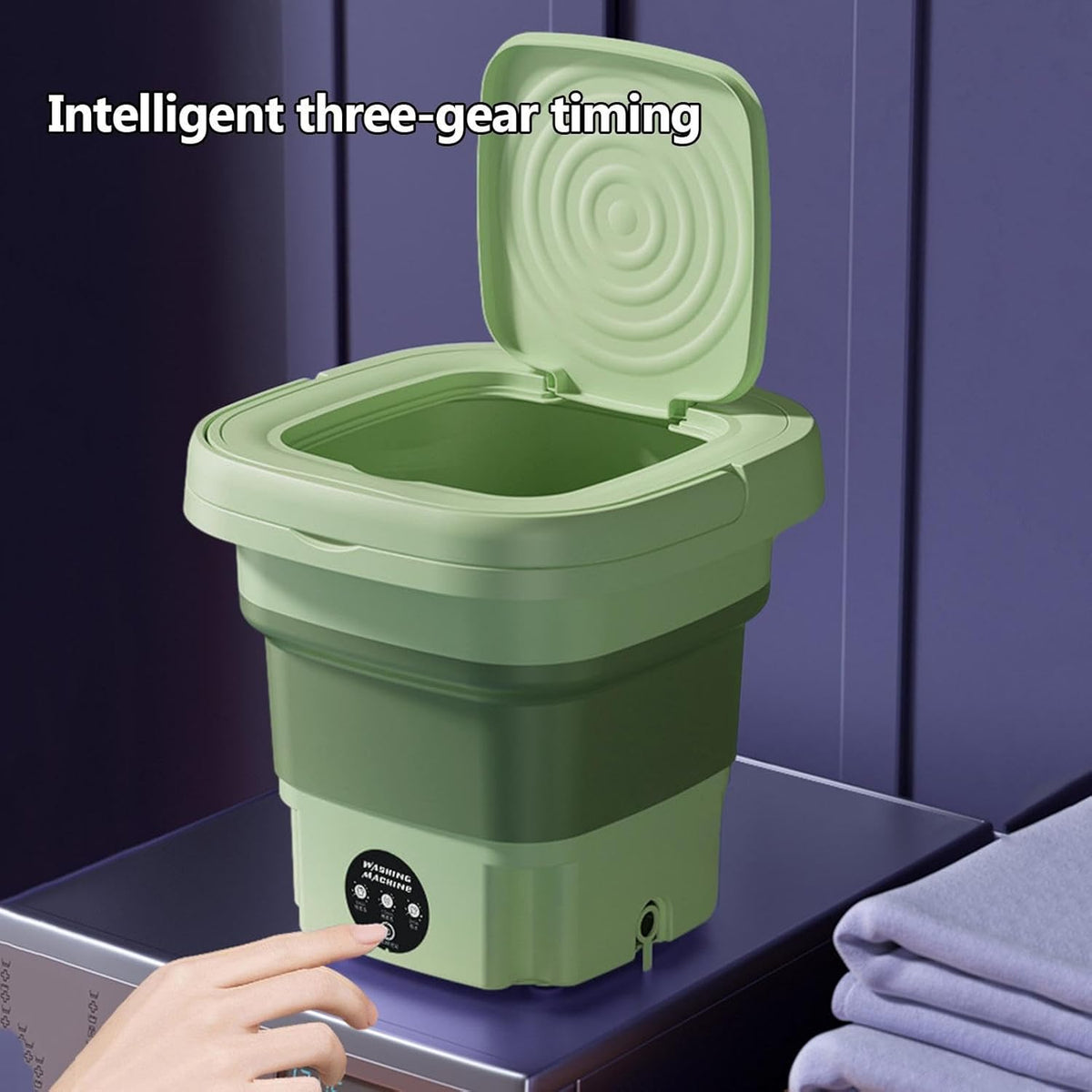A person is operating Smart Folding Mini Portable Washing Machine.