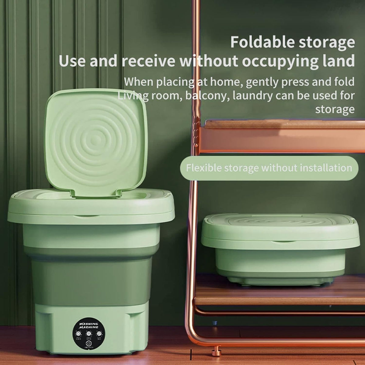 Smart Folding Mini Portable Washing Machine is stored in a wooden cabinet.