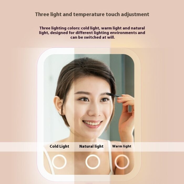 A Woman is Reflecting On Smart LED Makeup Mirror and Demonstrating Three Light Modes.