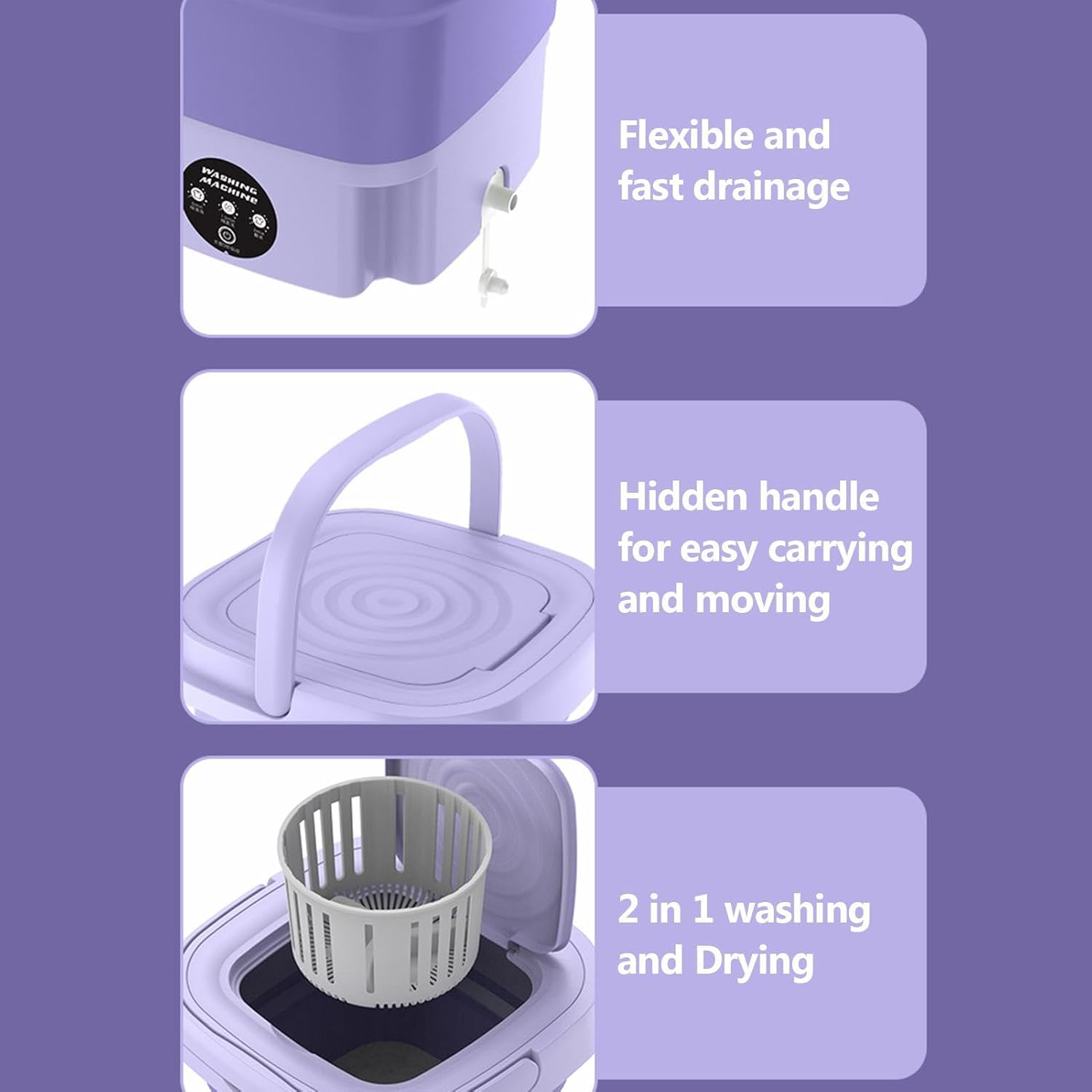 Portable washing machine with features highlighted on a purple background