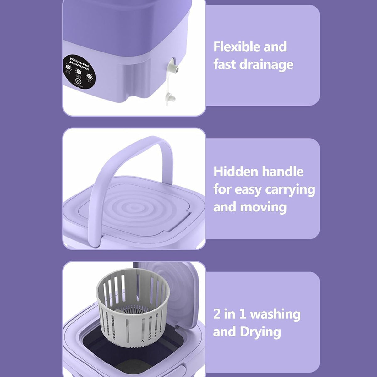Portable washing machine with features highlighted on a purple background