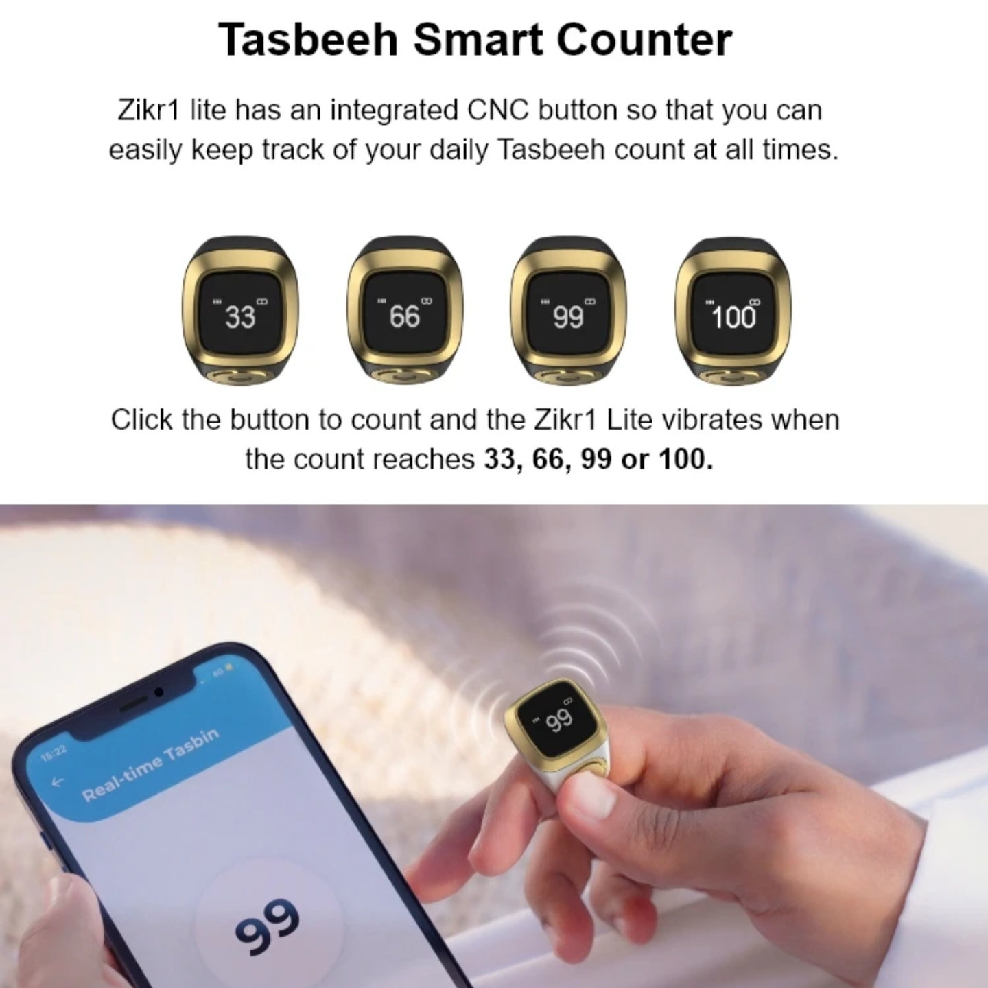 A Person is Using Smart Tasbih Ring Counter By Linkiing to App.