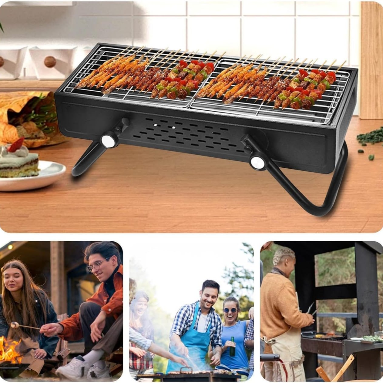 Chicken Sticks Are Placed On Smokeless BBQ Grill For Grilling and Peple are Enjoying Their Cooking.