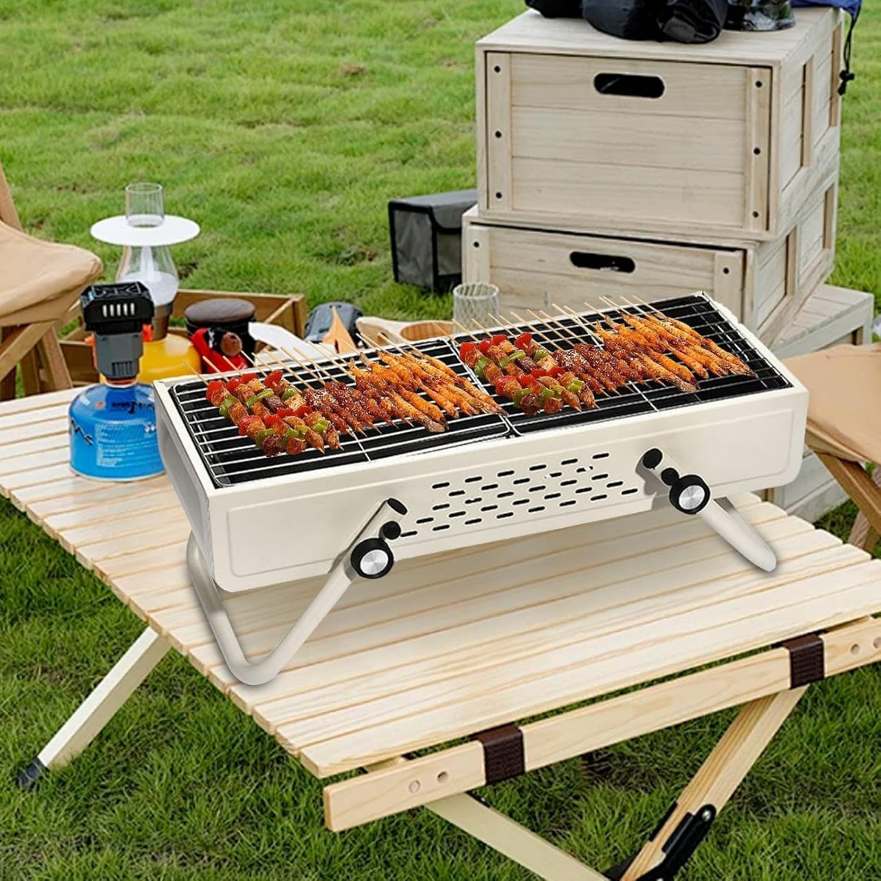 Chicken Sticks are Placed on Smokeless BBQ Grill for Grilling.