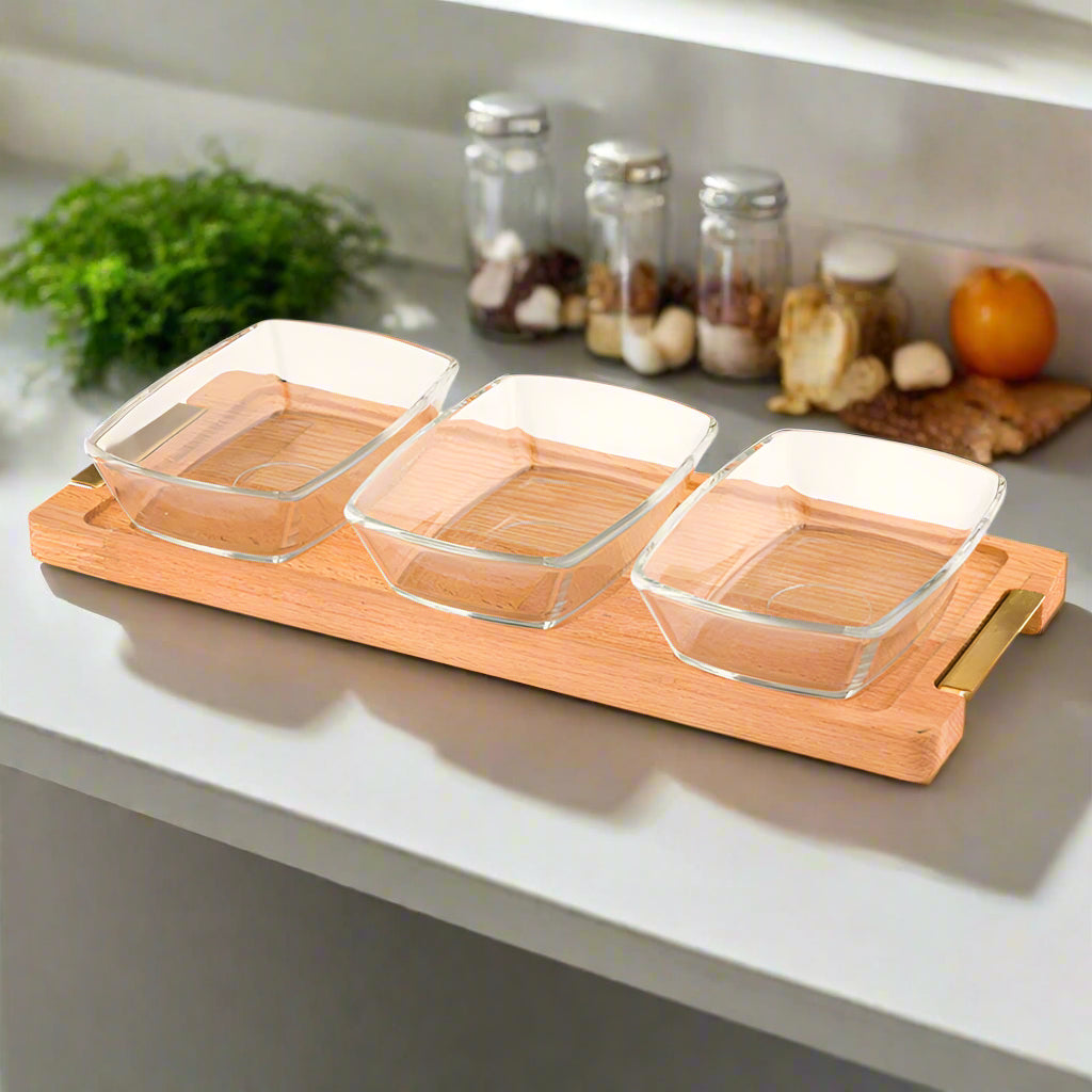 A Snack Serving 3-Section Glass Bowl with Wooden Base Tray.