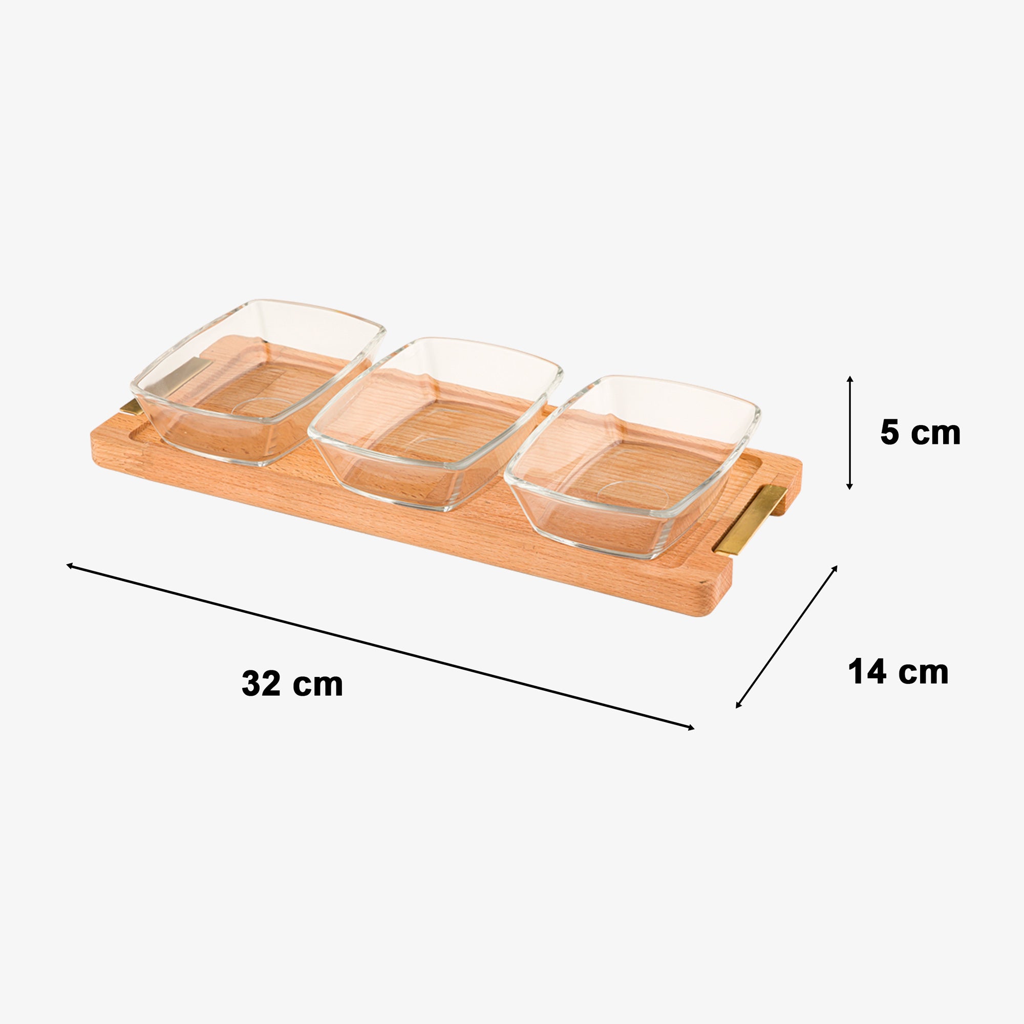 Size Of Snack Serving 3-Section Glass Bowl with Wooden Base Tray.