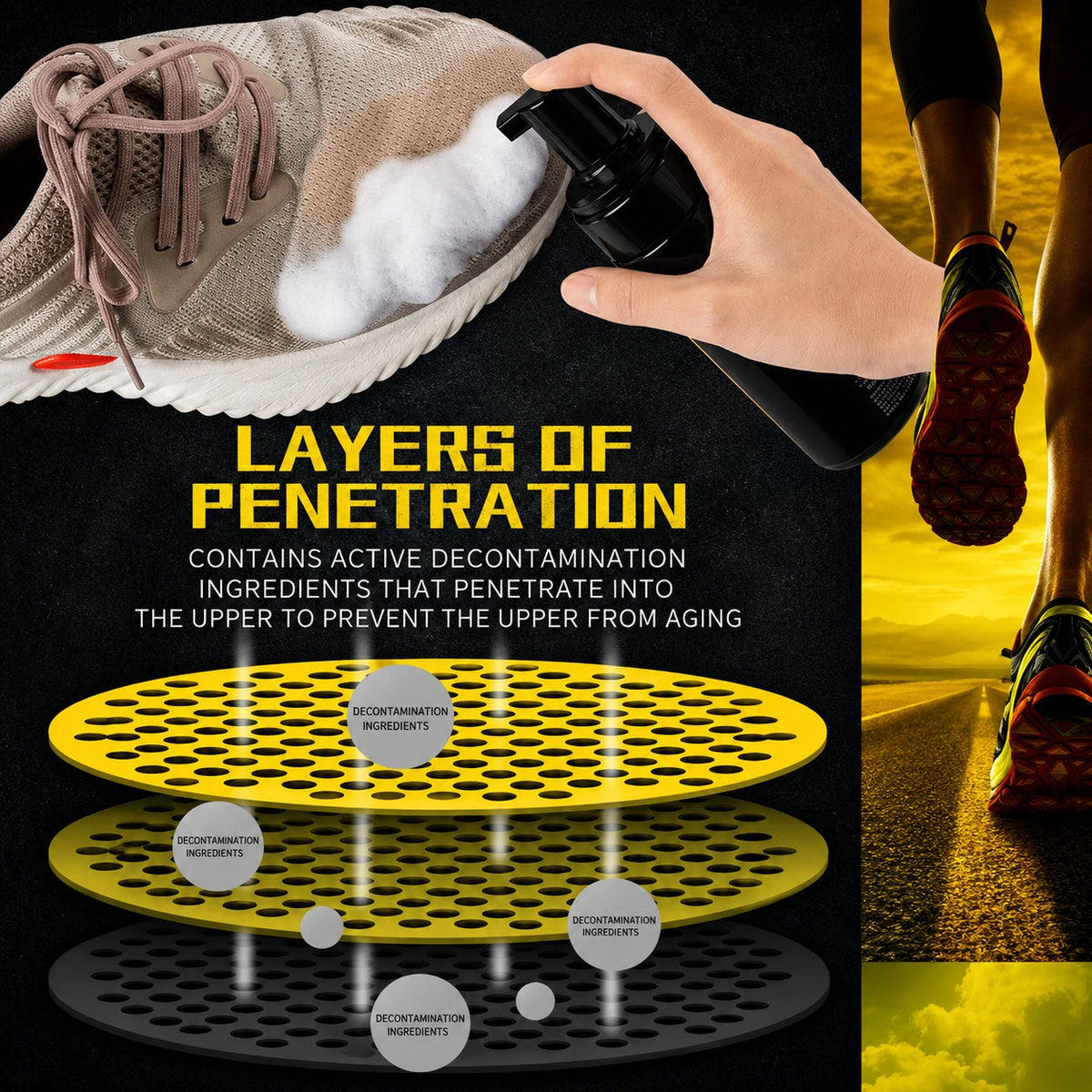 Product advertisement showing a shoe being treated with a Sneaker Cleaning Kit, with text about penetration layers and decontamination ingredients.
