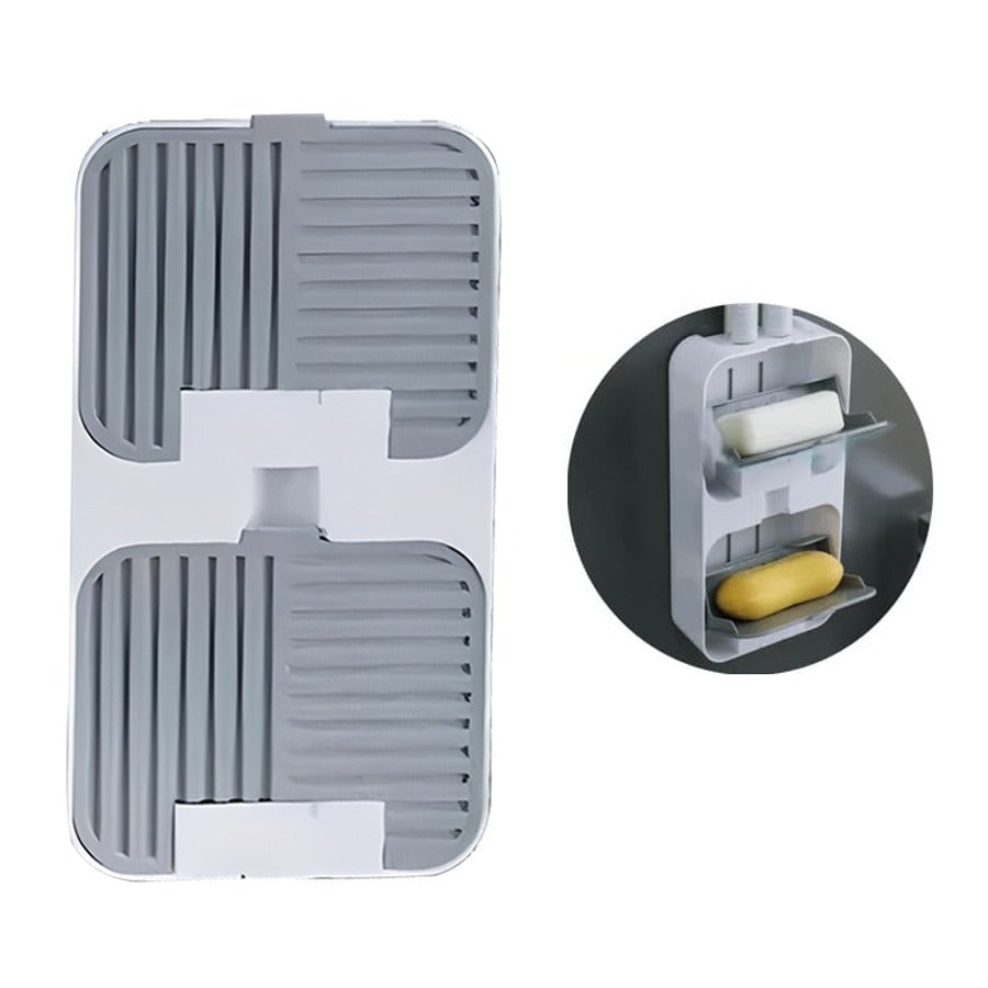 Flip Lid Drain Soap Box , It has two trays stacked vertically, allowing water to drain and keeping soap dry. The small round inset shows it mounted on a wall, holding two bars of soap—one white and one yellow.