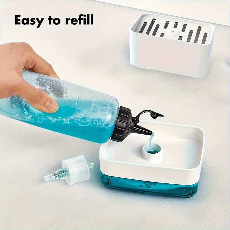 A refillable sponge holder with a built-in soap reservoir, shown being filled with liquid soap, featuring a press-top design for easy and controlled dispensing during cleaning.