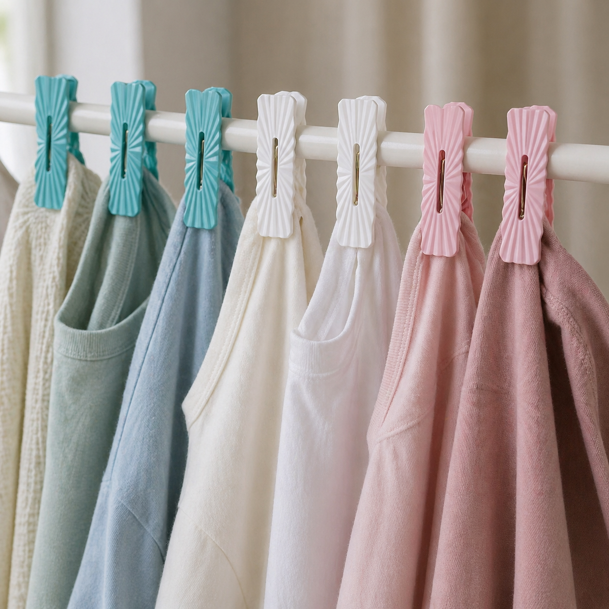 Clothes are Hanged in a Pole Using Soft Grip Laundry Cloth Clips.