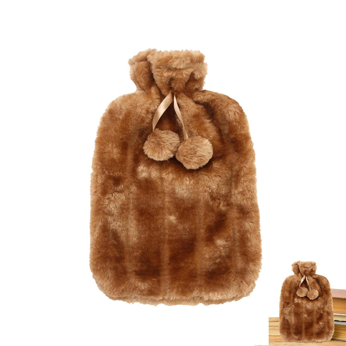 Soft Plush Hot Water Bag with pom-poms on a white background