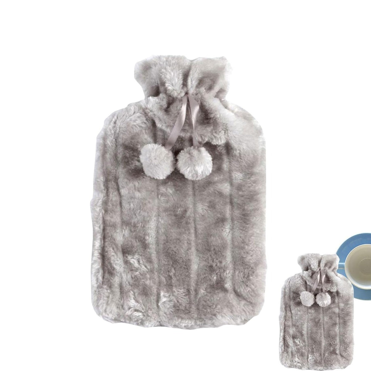 Soft Plush Hot Water Bag with decorative pom-poms on a white background