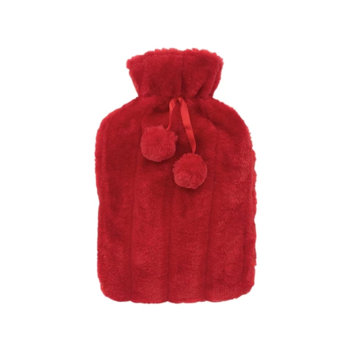 Soft Plush Hot Water Bag with a fuzzy cover and two red pom-poms on a white background