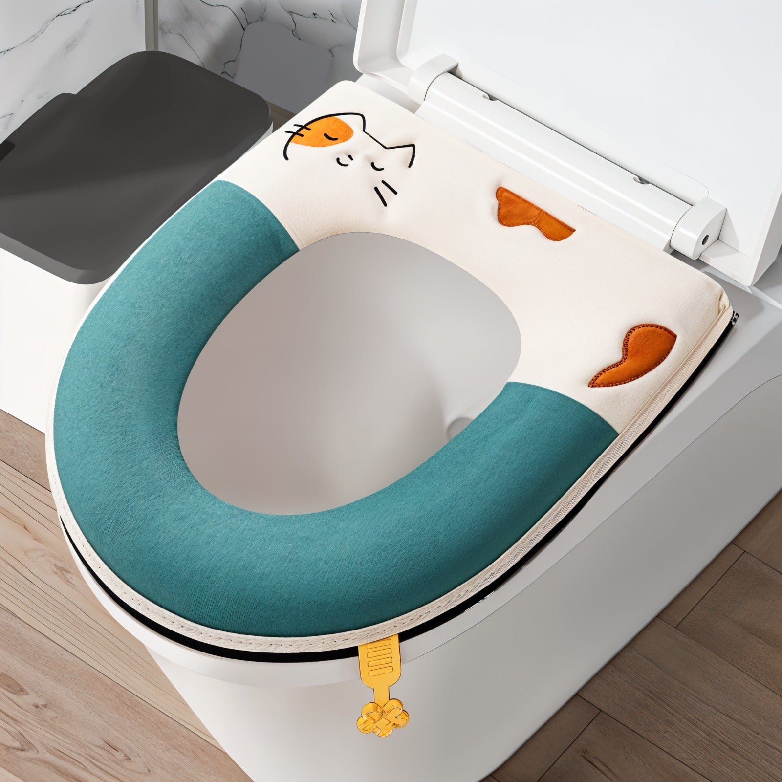 A Soft Plush Toilet Seat Cover Cushion  shown fitted on a toilet.
