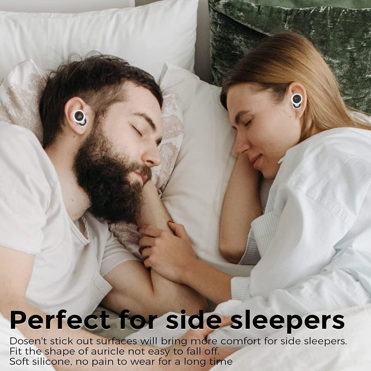 A Couple is Sleeping By Using Soft Silicone Ear Plug For Noise Reduction.