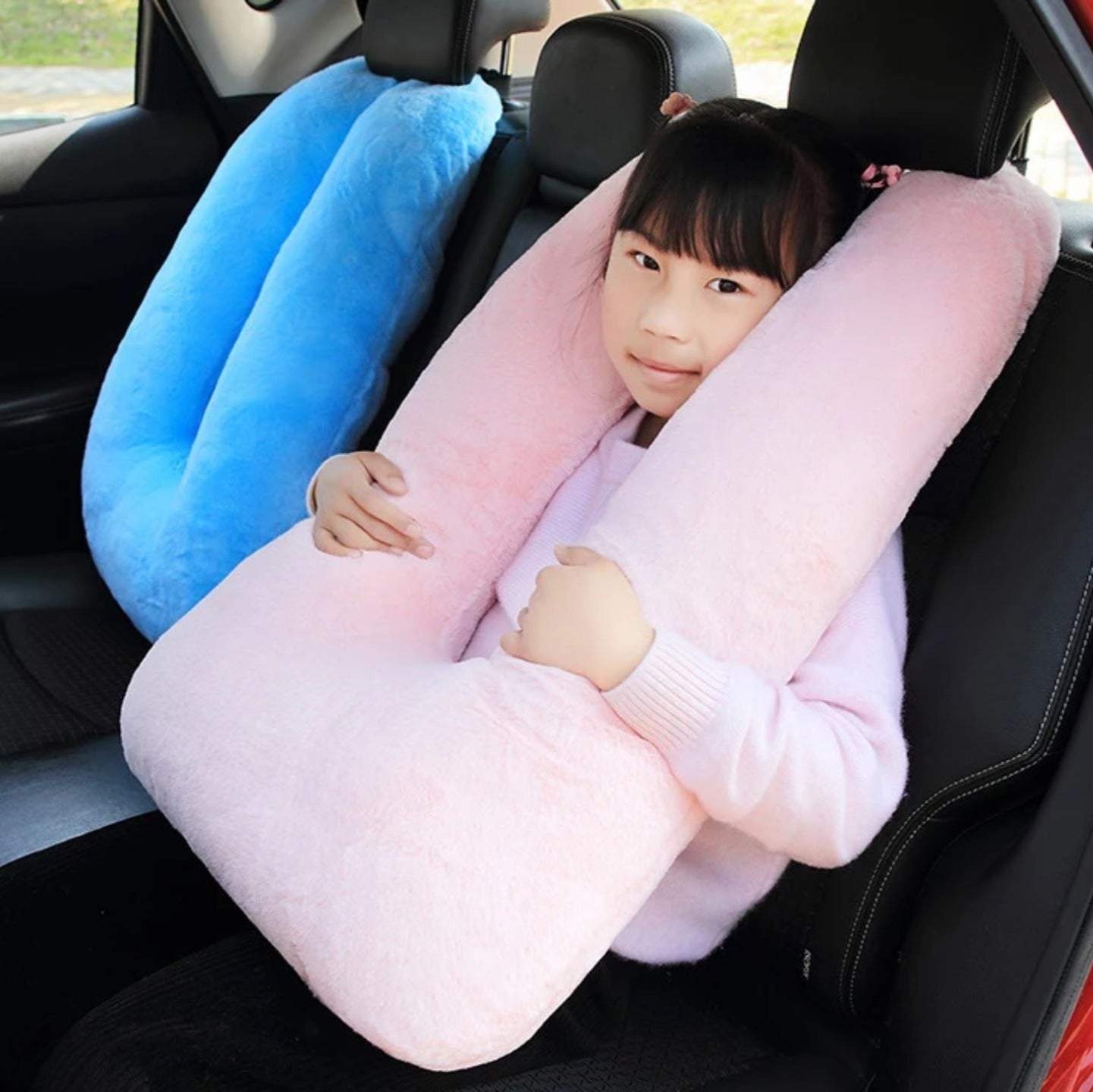 A Child is Using Soft U-Shaped Travel Neck Pillow in a Car.