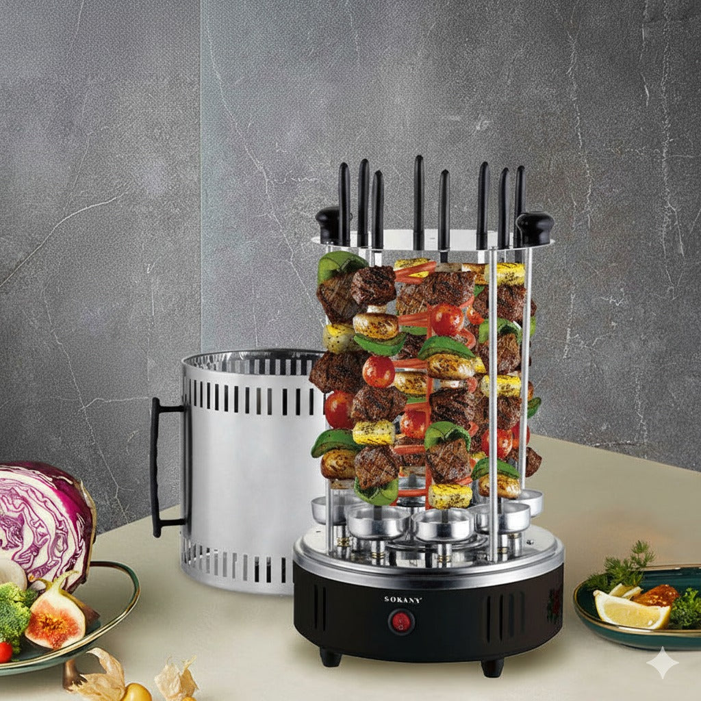 A Sokany Electric Barbecue Skewers Grill with Meat and Vegetables is Ready to Cook.