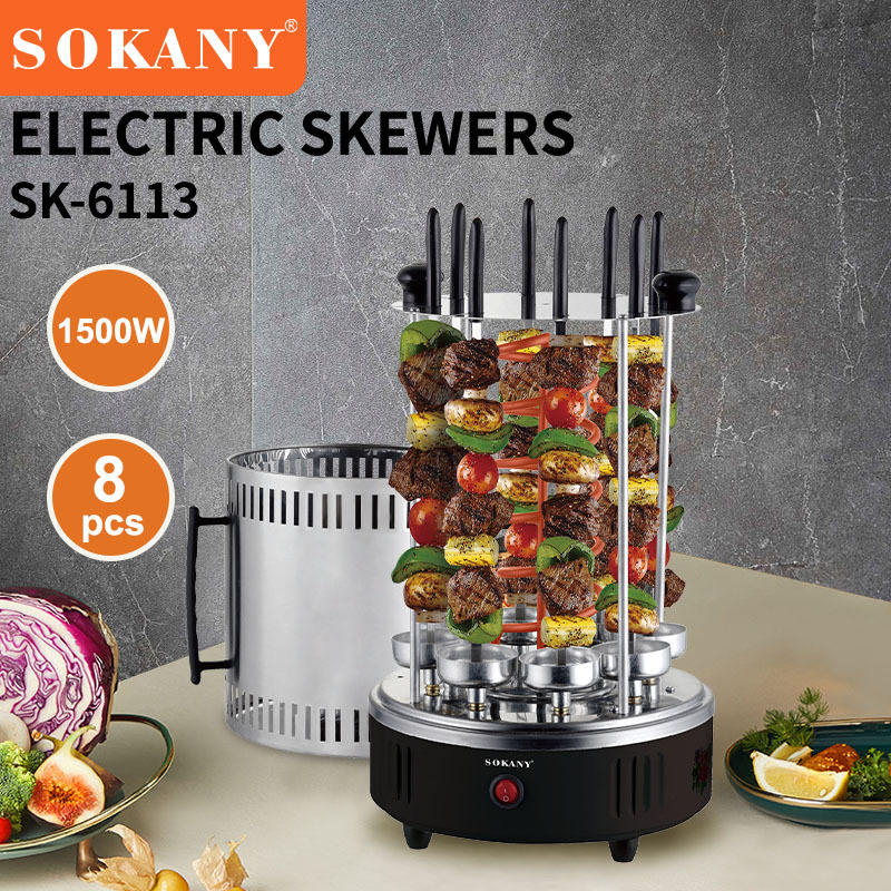 A Sokany Electric Barbecue Skewers Grill is Equipped with Meat and Vegetables.
