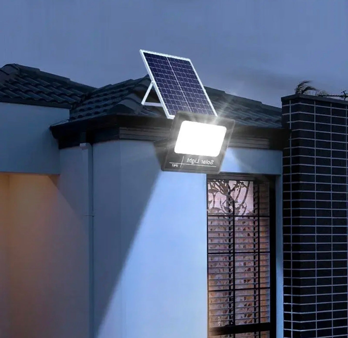 Solar Floodlight setup on a house, featuring floodlights and a rooftop solar panel.