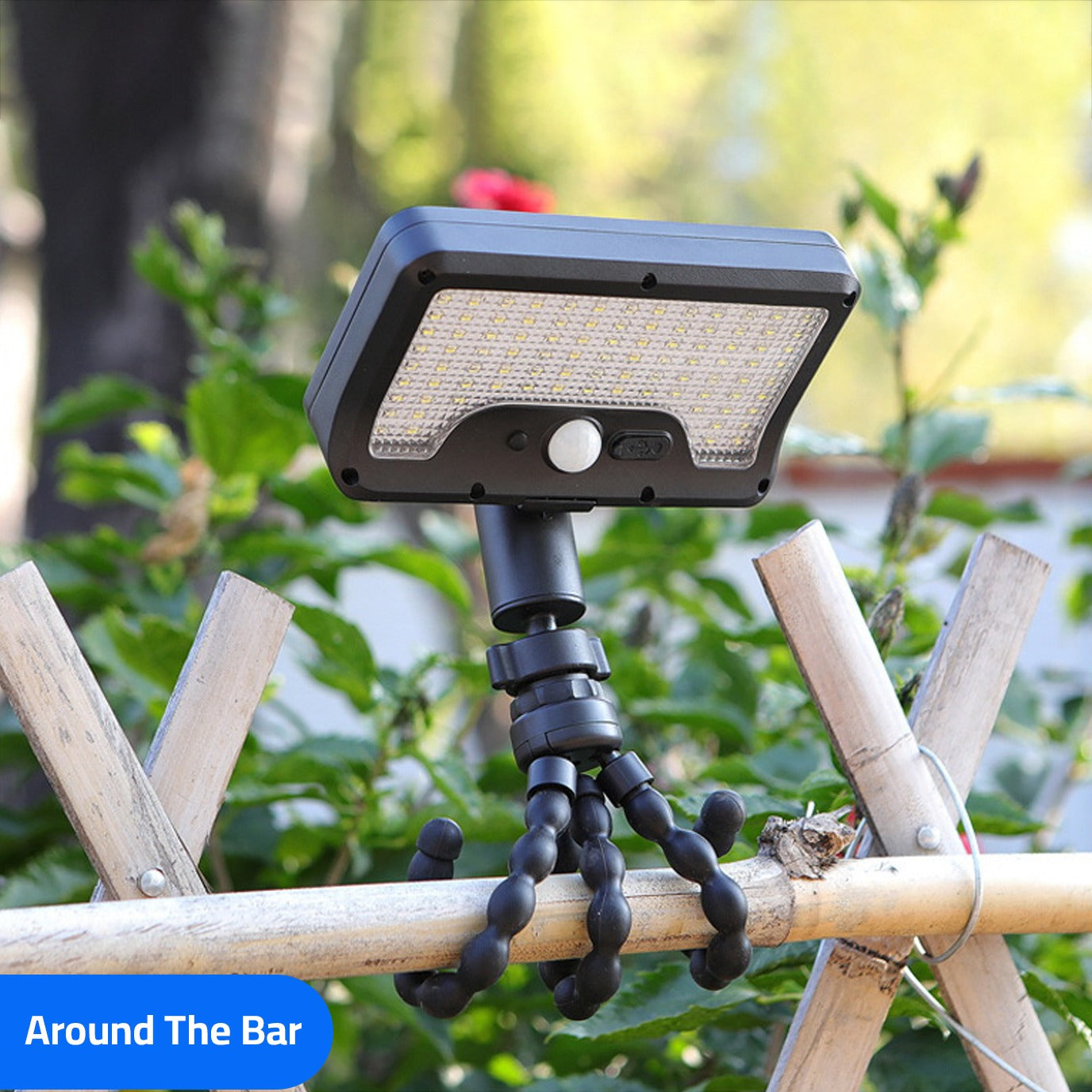 Solar Motion Sensor Light is attached on a Bar.