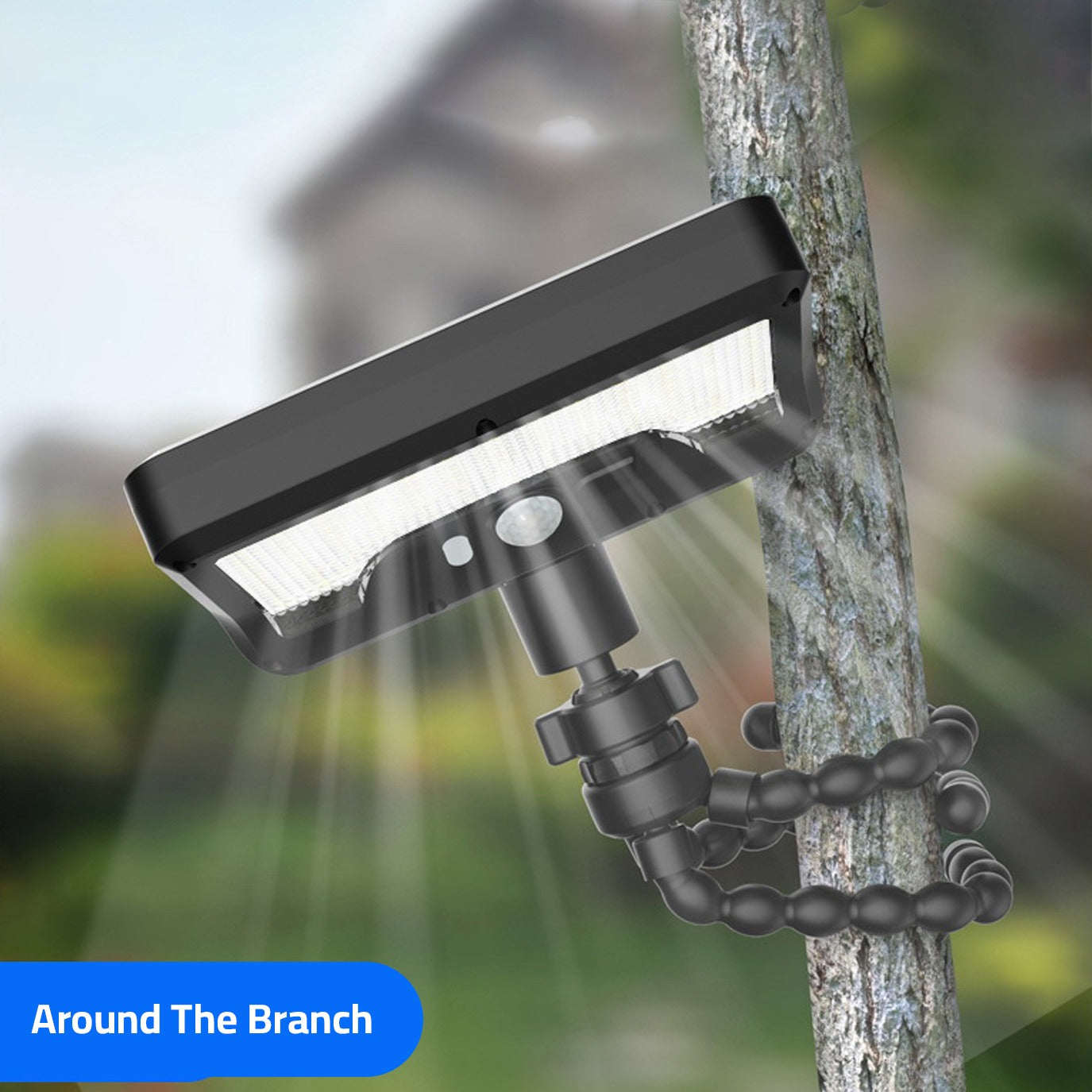 Solar Motion Sensor Light is attached on a Branch.