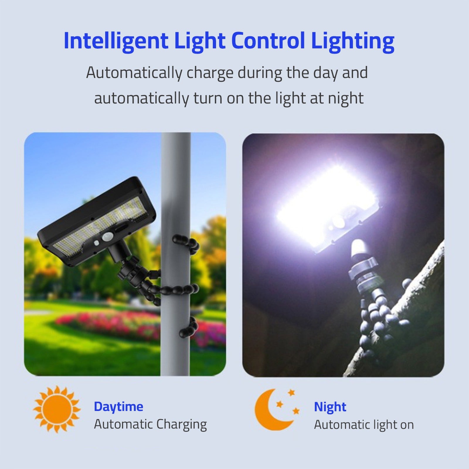 Solar Motion Sensor Light is attached on a Bar  and gets charged during day time.