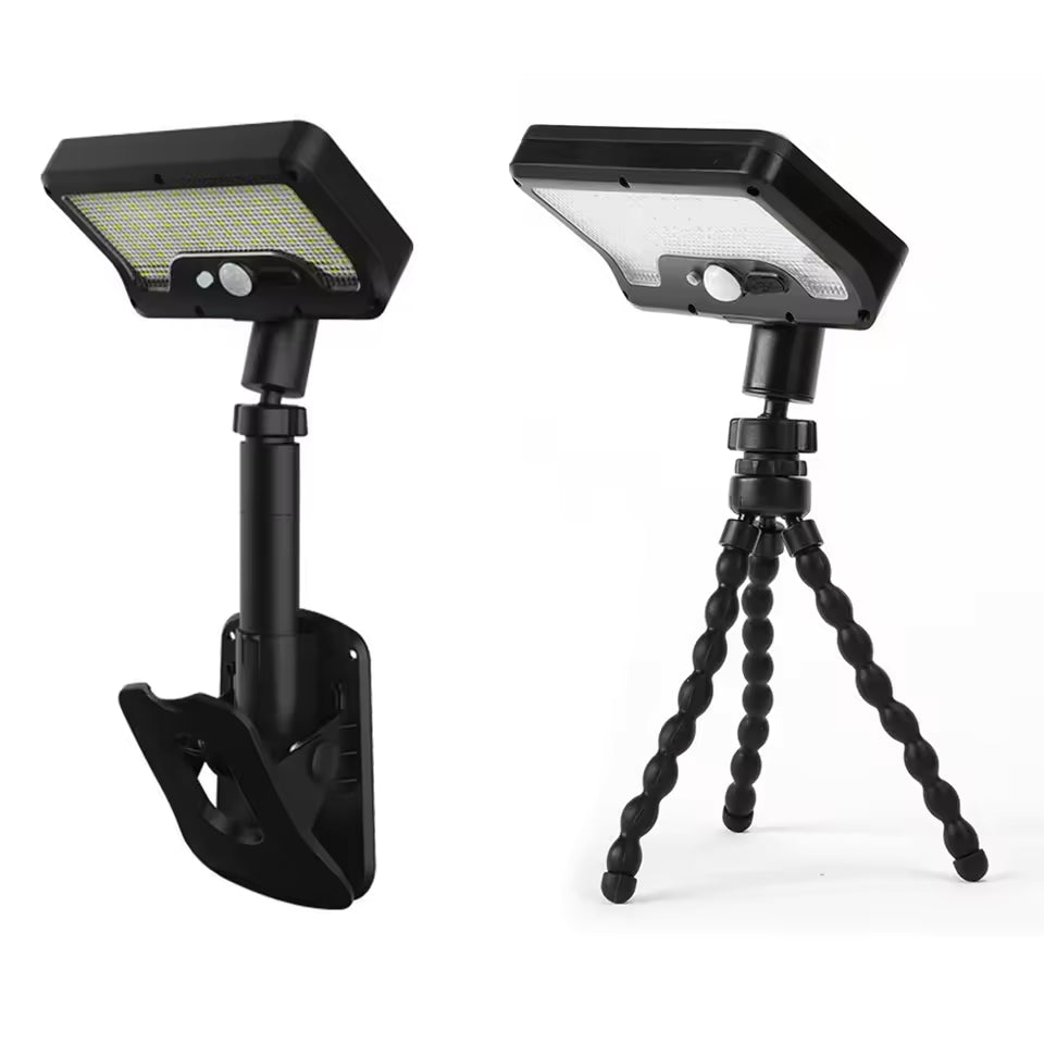 Solar Motion Sensor Lights are attached to both clip and tripod stand.