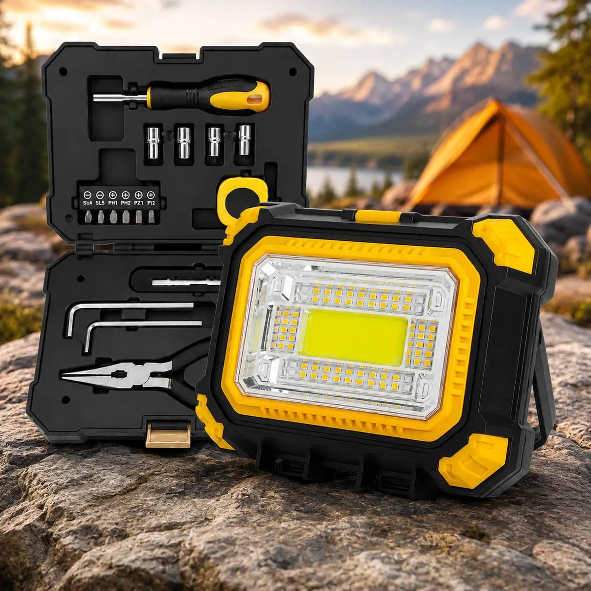 Solar Rechargeable LED Camping Light with Portable Tool Kit.