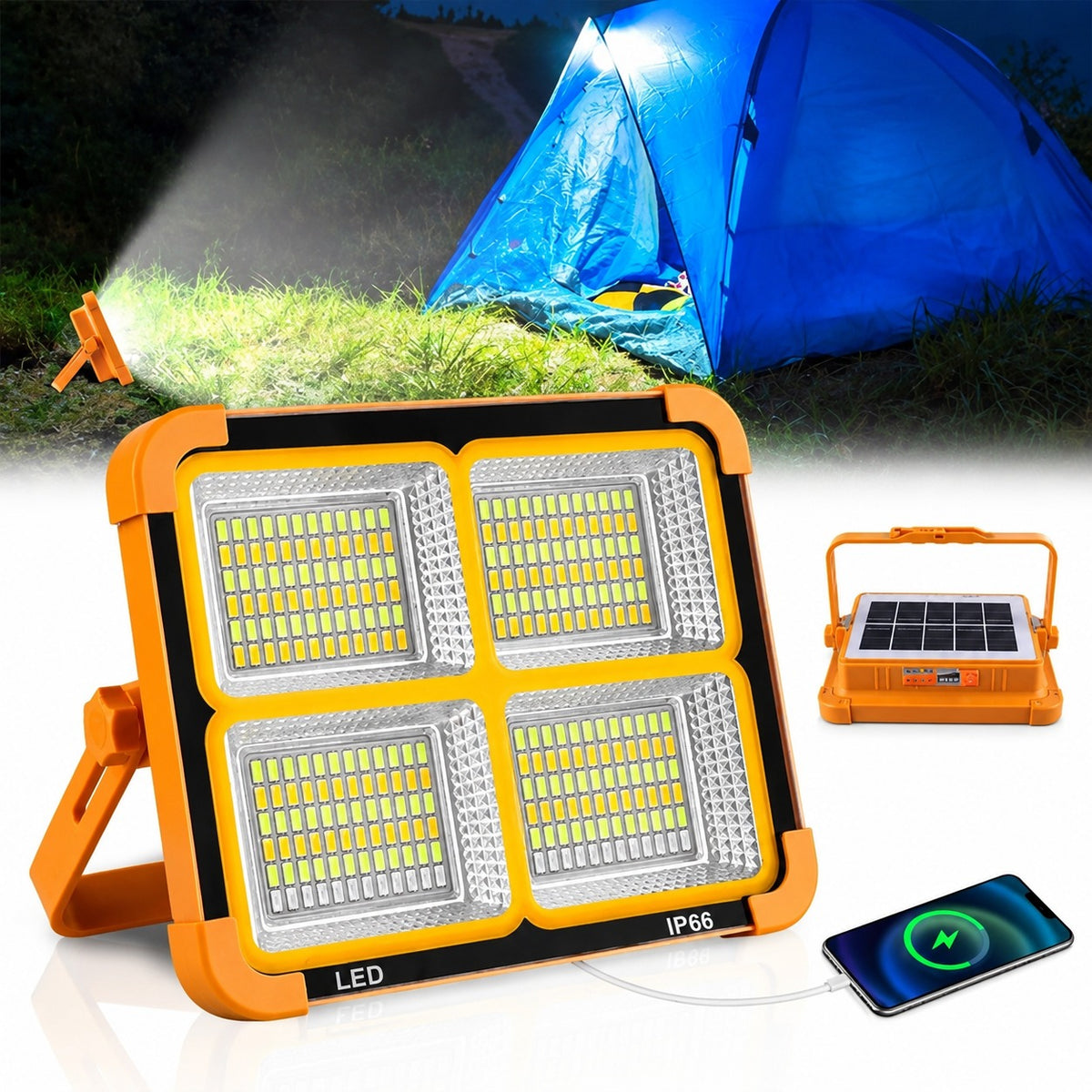 Solar Rechargeable LED Flood Light with a Background of Camping Setup.
