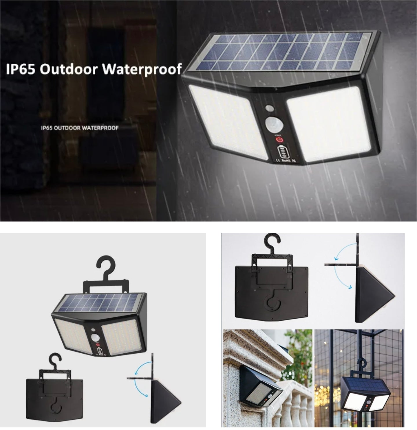 A Solar Security Light is Attached on the Wall and a Metal Fence.