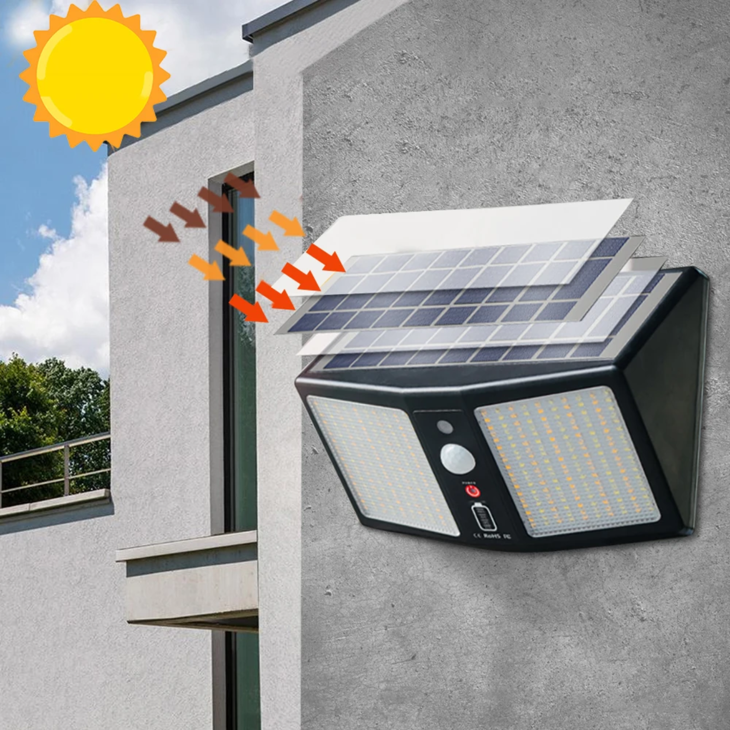 A Solar Security Light is Absorbing Sunlight.