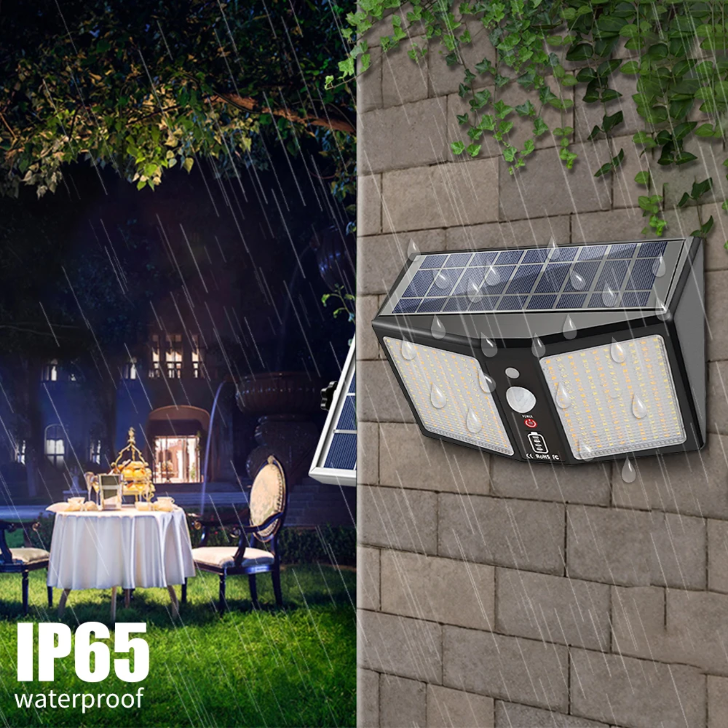 A Solar Security Light is Installed on the Wall and its Raining.