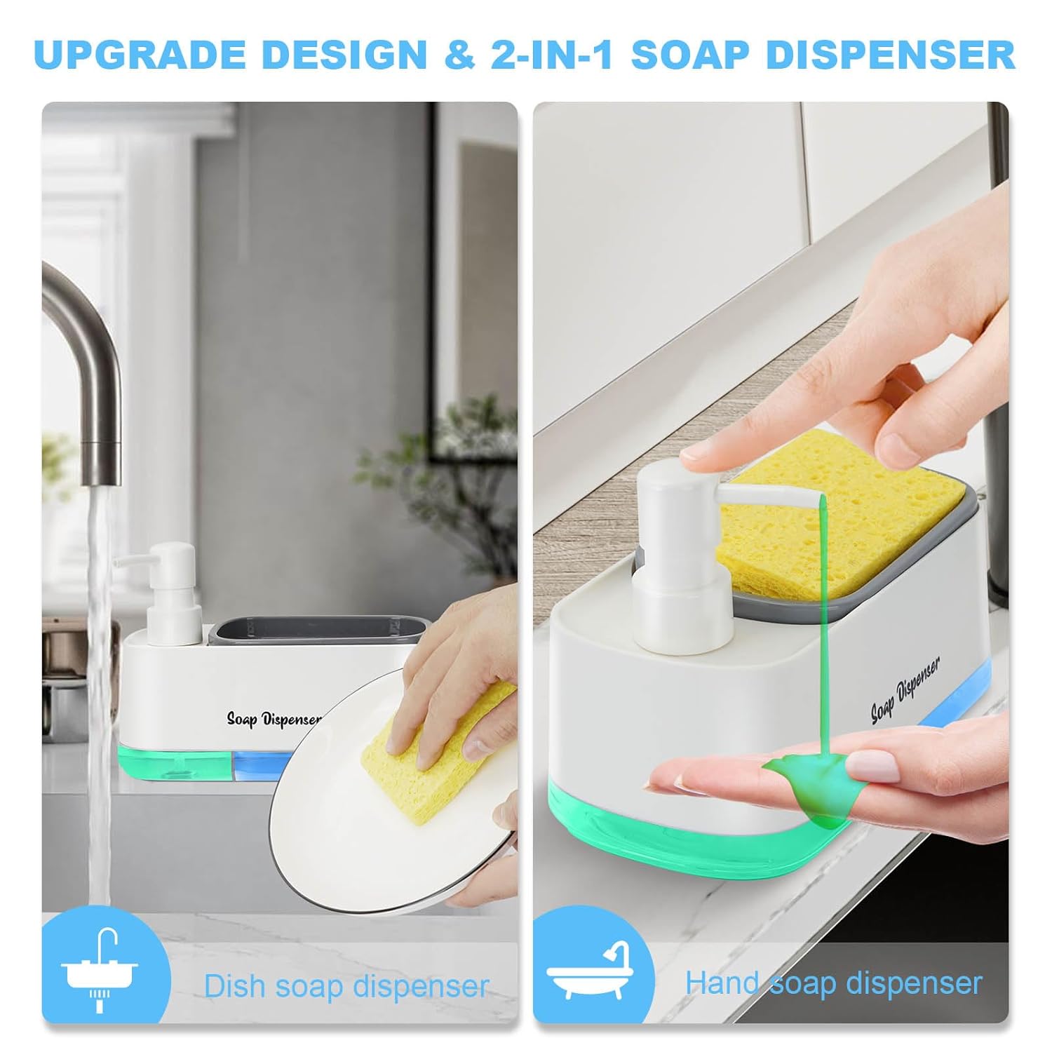 Someone is Taking Soap From 2-in-1 Dish and Handwash Soap Dispenser and Washing Plates.