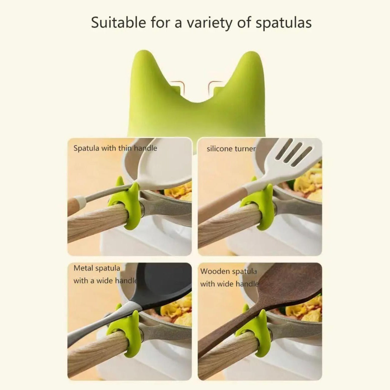 A Spoon is Placed In the Spoon Rest Which is Attached On the Handle Of Pans Of Different Size.