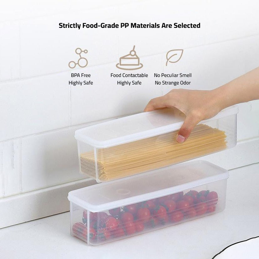 A Person is Storing Spaghetti in Airtight Rectangular Storage Box.