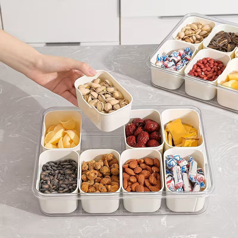 A Person is Holding the Compartment Bowl of Spice Grid Divided Serving Tray.