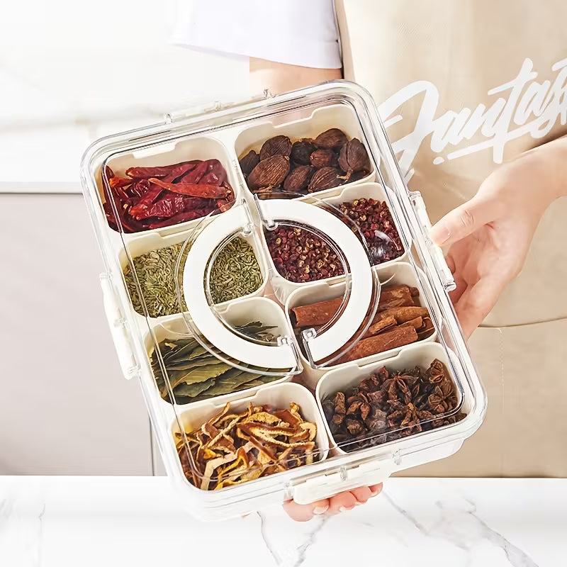 A Person is Holding Spice Grid Divided Serving Tray  with Spices.